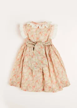 Pepa London Sophie Floral Print Hand Smocked Double Breasted Dress in Peach (12mths-10yrs)
