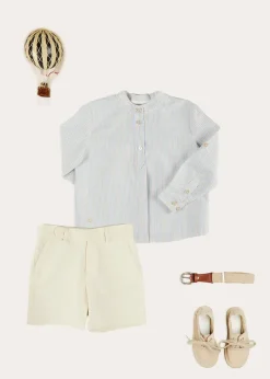BOY Pepa London Stafford Striped Mao Collar Long Sleeve Shirt in Yellow (12mths-10yrs) | Plain Cotton Shorts in White (4-10yrs) | Suede Lace-up Espadrilles in Beige (24-35EU) | Cream Boy's Belt