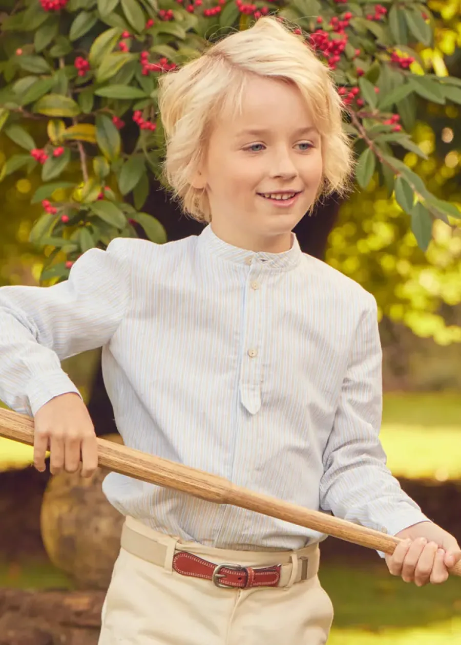 BOY Pepa London Stafford Striped Mao Collar Long Sleeve Shirt in Yellow (12mths-10yrs) | Plain Cotton Shorts in White (4-10yrs) | Suede Lace-up Espadrilles in Beige (24-35EU) | Cream Boy's Belt