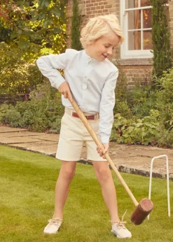 BOY Pepa London Stafford Striped Mao Collar Long Sleeve Shirt in Yellow (12mths-10yrs) | Plain Cotton Shorts in White (4-10yrs) | Suede Lace-up Espadrilles in Beige (24-35EU) | Cream Boy's Belt