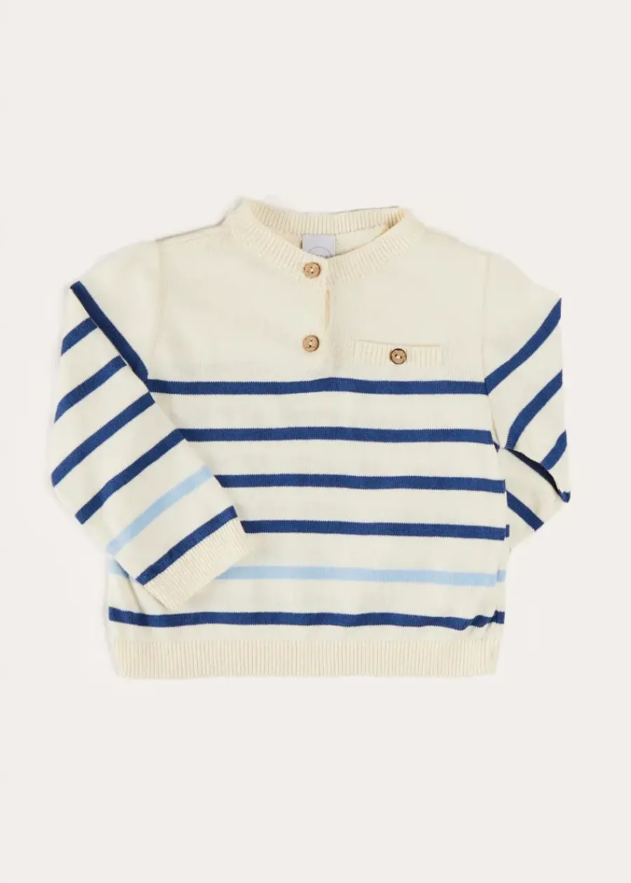BOY Pepa London Striped Crewneck Button Detail Jumper in Blue (12mths-10yrs)