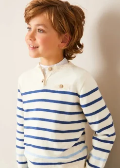BOY Pepa London Striped Crewneck Button Detail Jumper in Blue (12mths-10yrs)