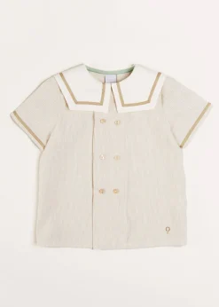 BOY Pepa London Striped Mariner Collar Short Sleeve Shirt in Beige (12mths-6yrs)
