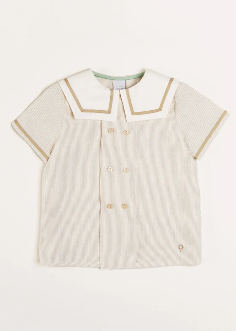 BOY Pepa London Striped Mariner Collar Short Sleeve Shirt in Beige (12mths-6yrs)