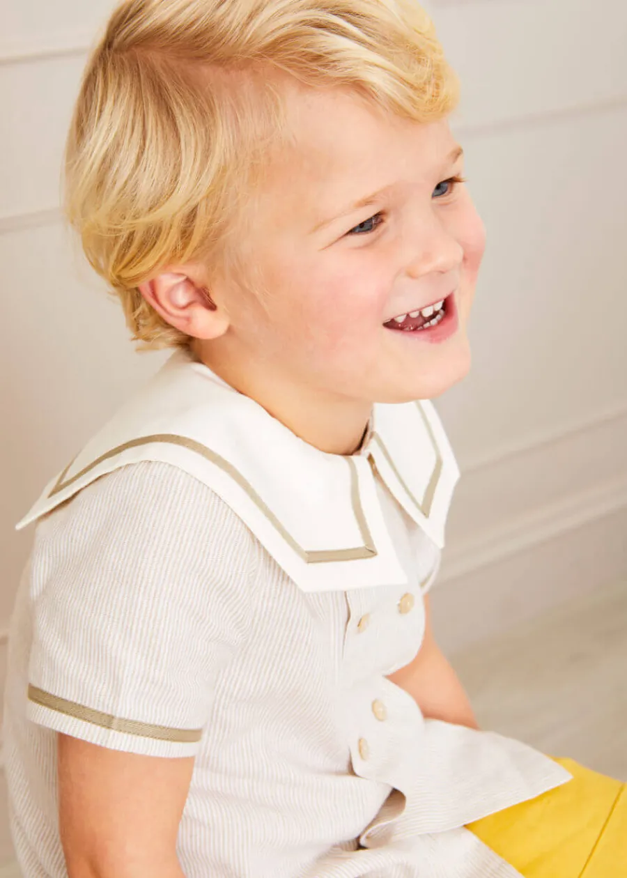 BOY Pepa London Striped Mariner Collar Short Sleeve Shirt in Beige (12mths-6yrs)