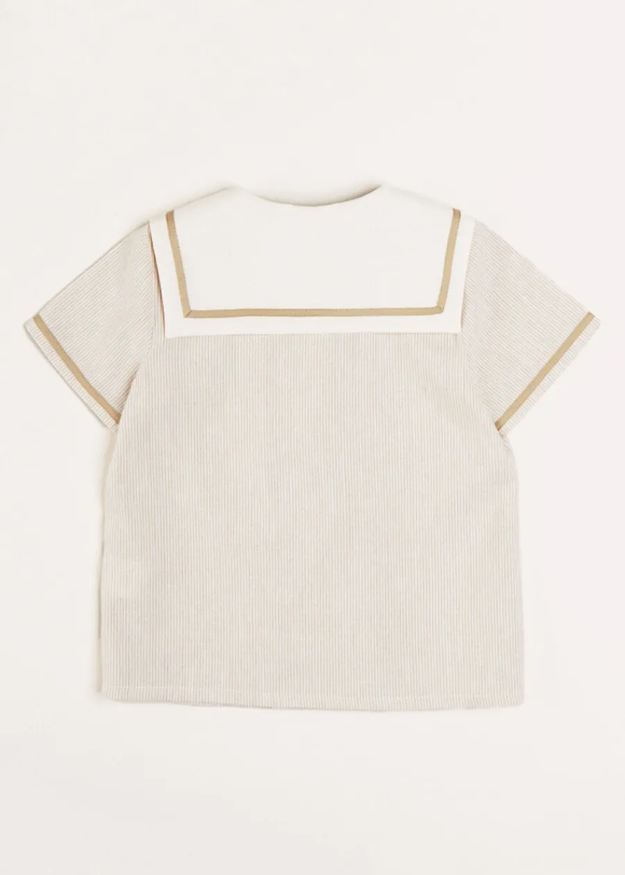 BOY Pepa London Striped Mariner Collar Short Sleeve Shirt in Beige (12mths-6yrs)