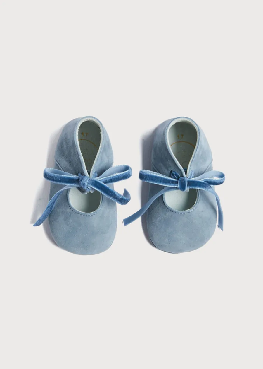 BOY Pepa London Suede Velvet Ribbon Pram Shoes in Blue (17-21 EU)