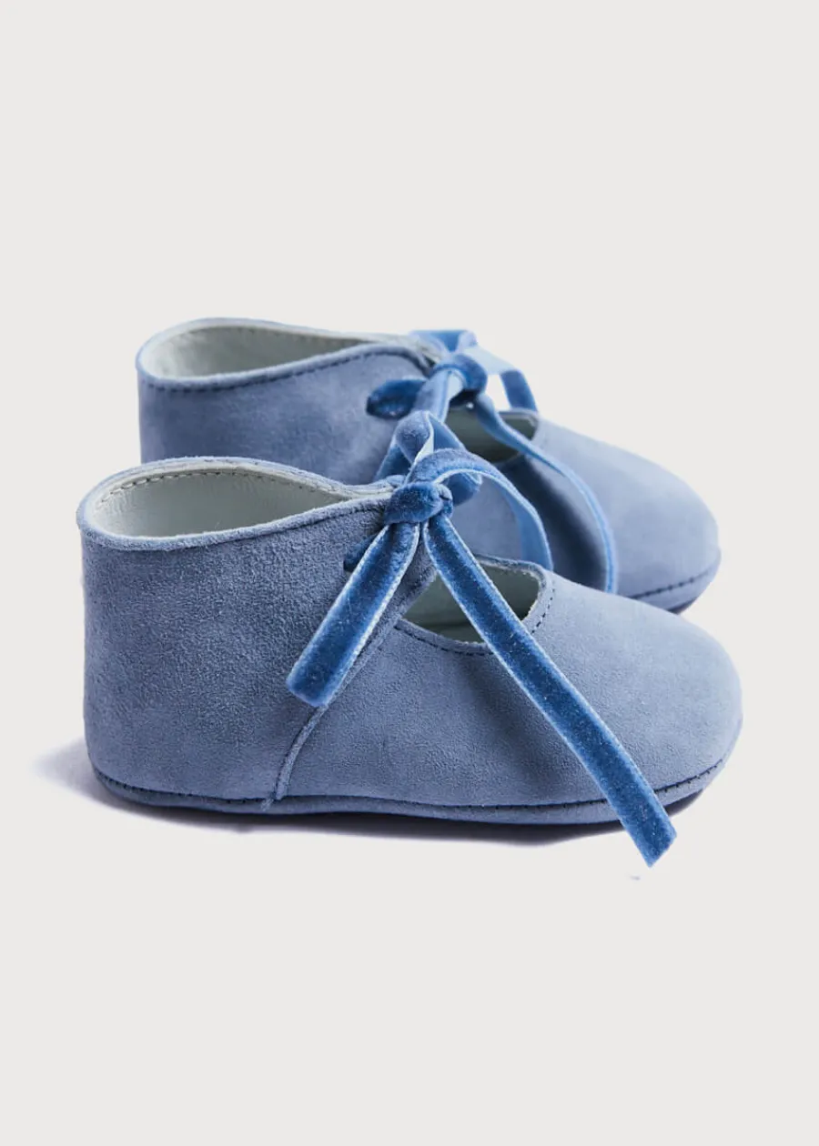 BOY Pepa London Suede Velvet Ribbon Pram Shoes in Blue (17-21 EU)