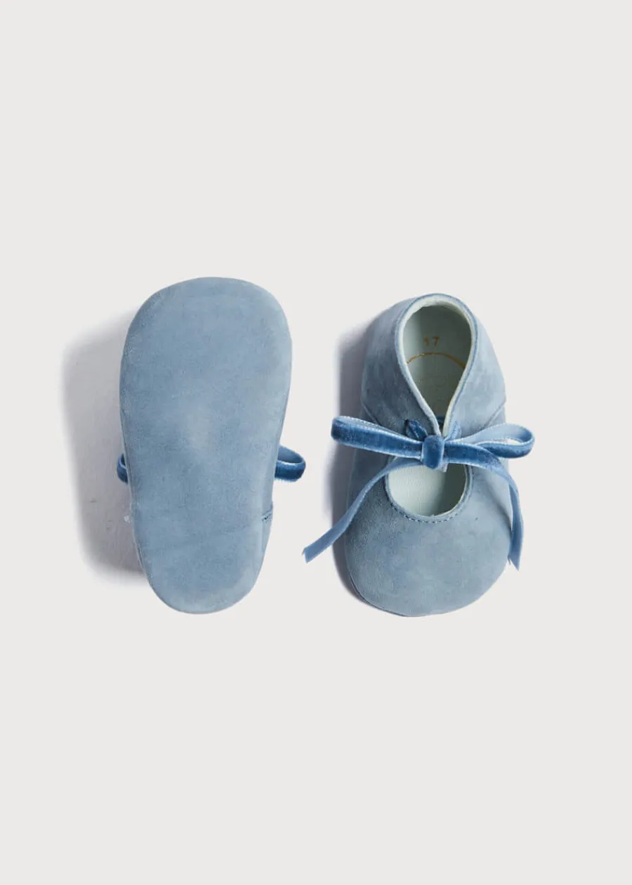 BOY Pepa London Suede Velvet Ribbon Pram Shoes in Blue (17-21 EU)