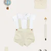 BOY Pepa London Train Embroidery Statement Collar Short Sleeve Bodysuit in Green (3mths-2yrs) | Plain Bloomers With Braces in White (6mths-2yrs) | Plain Cardigan in Cream (6mths-10yrs) | Suede T-Bar Pram Shoes in Beige (17-20EU) | Ribbed Short Socks in Beige (0mths-10yrs) | Big Brother Beach Mouse Toy | Waterford Striped Dummy Clip in Beige | BIBS Dummy in Ivory