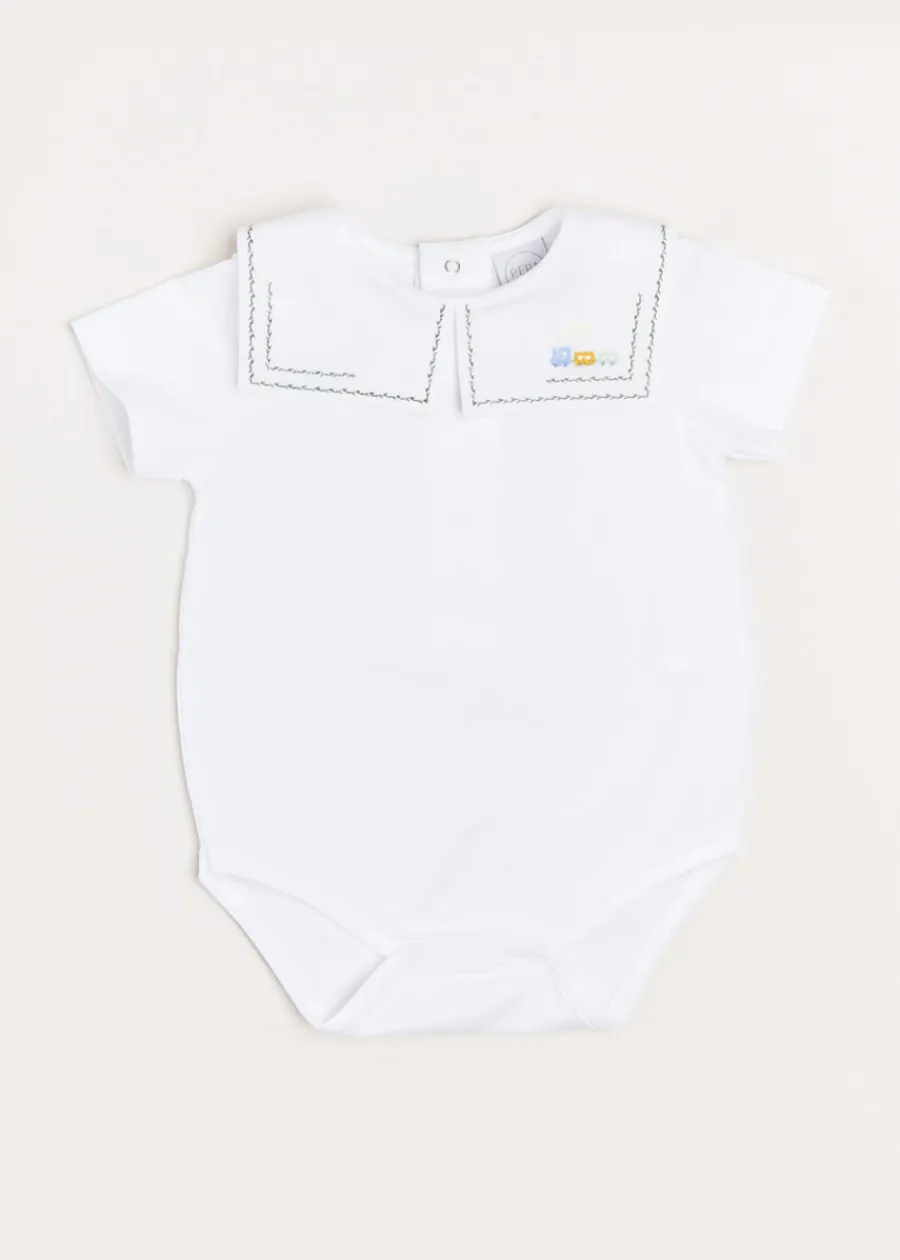 BOY Pepa London Train Embroidery Statement Collar Short Sleeve Bodysuit in Green (3mths-2yrs)