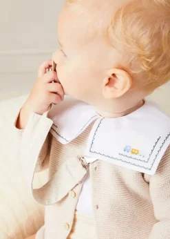 BOY Pepa London Train Embroidery Statement Collar Short Sleeve Bodysuit in Green (3mths-2yrs) | Plain Bloomers With Braces in White (6mths-2yrs) | Plain Cardigan in Cream (6mths-10yrs) | Suede T-Bar Pram Shoes in Beige (17-20EU) | Ribbed Short Socks in Beige (0mths-10yrs) | Big Brother Beach Mouse Toy | Waterford Striped Dummy Clip in Beige | BIBS Dummy in Ivory