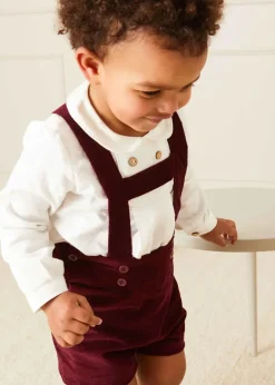 BOY Pepa London Velvet Button Detail Shorts with Braces in Burgundy (18mths-4yrs)