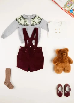 BOY Pepa London Velvet Button Detail Shorts with Braces in Burgundy (18mths-4yrs)