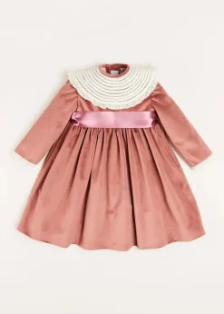Pepa London Velvet Handmade Collar Long Sleeve Dress in Pink (2-10yrs)