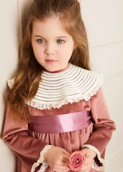 Pepa London Velvet Handmade Collar Long Sleeve Dress in Pink (2-10yrs)