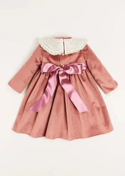 Pepa London Velvet Handmade Collar Long Sleeve Dress in Pink (2-10yrs)