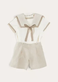 BOY Pepa London Waterford Stripe Mariner Collar Short Sleeve Two Piece Set in Beige (12mths-6yrs)