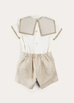 BOY Pepa London Waterford Stripe Mariner Collar Short Sleeve Two Piece Set in Beige (12mths-6yrs)