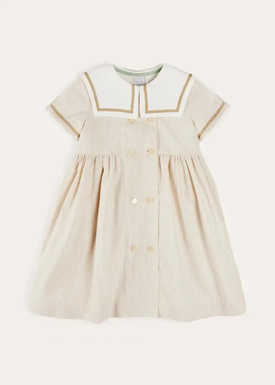 Pepa London Waterford Striped Mariner Collar Double Breasted Short Sleeve Dress in Beige (12mths-10yrs)