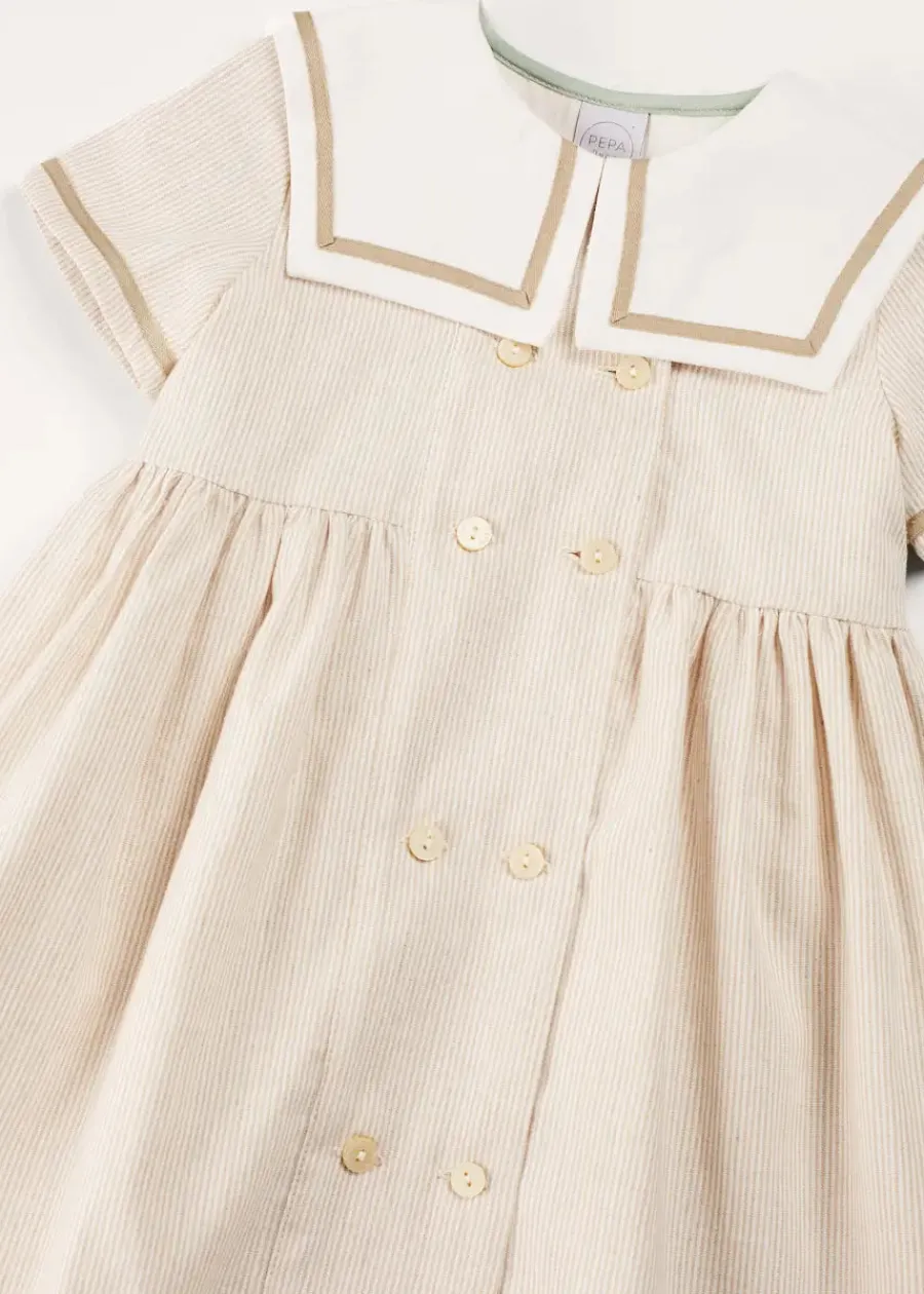 Pepa London Waterford Striped Mariner Collar Double Breasted Short Sleeve Dress in Beige (12mths-10yrs)