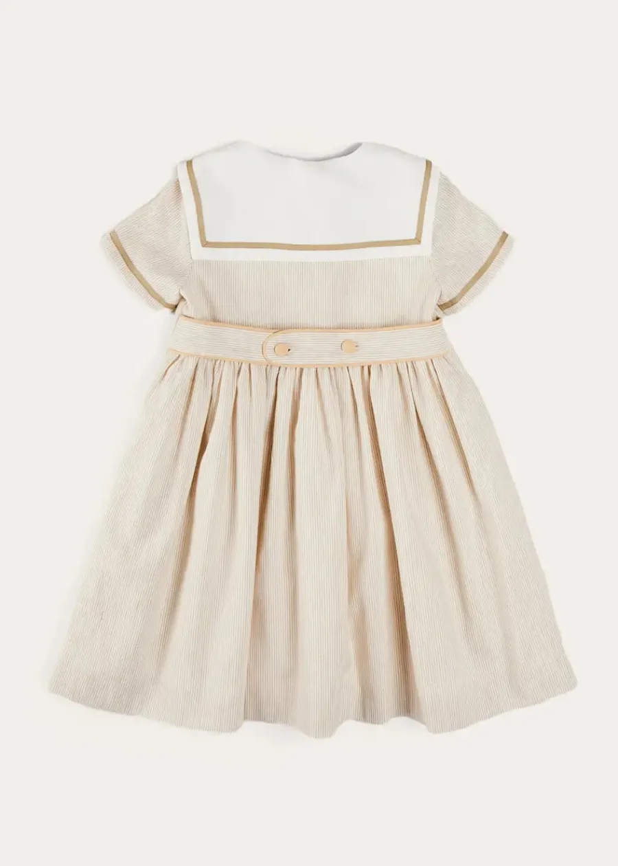 Pepa London Waterford Striped Mariner Collar Double Breasted Short Sleeve Dress in Beige (12mths-10yrs)