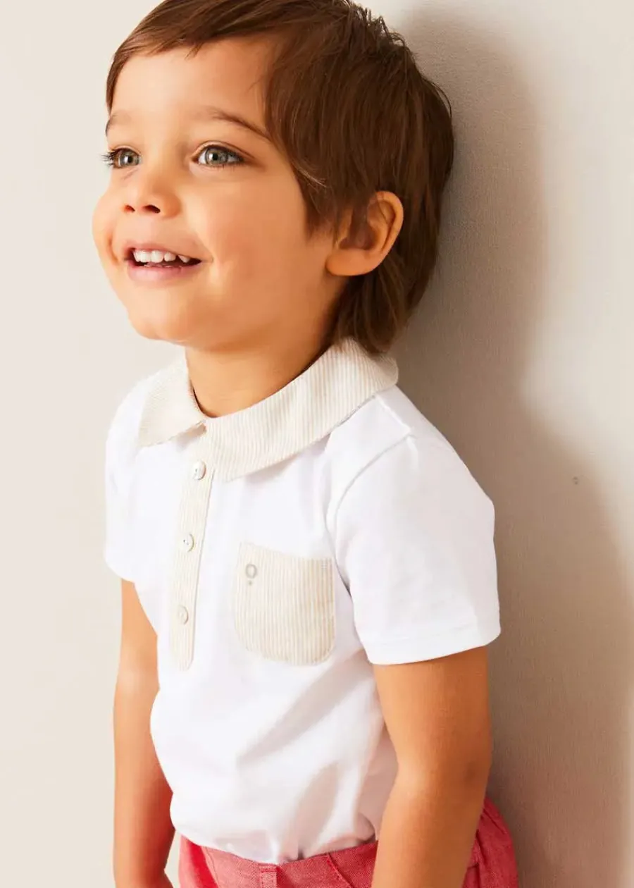 BOY Pepa London Waterford Striped Polo Collar Short Sleeve Top in Beige (12mths-4yrs)