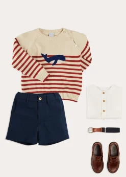 BOY Pepa London Whale Intarsia Striped Jumper in Red (6mths-6yrs) | Linen Mao Collar Long Sleeve Shirt in White (12mths-10yrs) | Classic Smart Shorts in Navy (4-10yrs) | Leather Boat Shoes in Tan (26-34EU) | Navy Belt