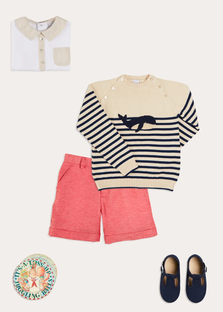 BOY Pepa London Whale Intarsia Striped Jumper in Blue (6mths-10yrs) | Waterford Striped Polo Collar Short Sleeve Top in Beige (12mths-4yrs) | Plain Linen Toddler Shorts in Red (12mths-4yrs) | Woven T-Bar Baby Shoes in Navy (20-26EU)