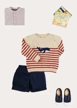 BOY Pepa London Whale Intarsia Striped Jumper in Red (6mths-6yrs) | Beaufort Striped Mao Collar Long Sleeve Shirt in Blue (18mths-10yrs) | Classic Turn-up Hem Cotton Shorts in Navy (12mths-4yrs) | Canvas Plimsolls in Navy (20-35EU)