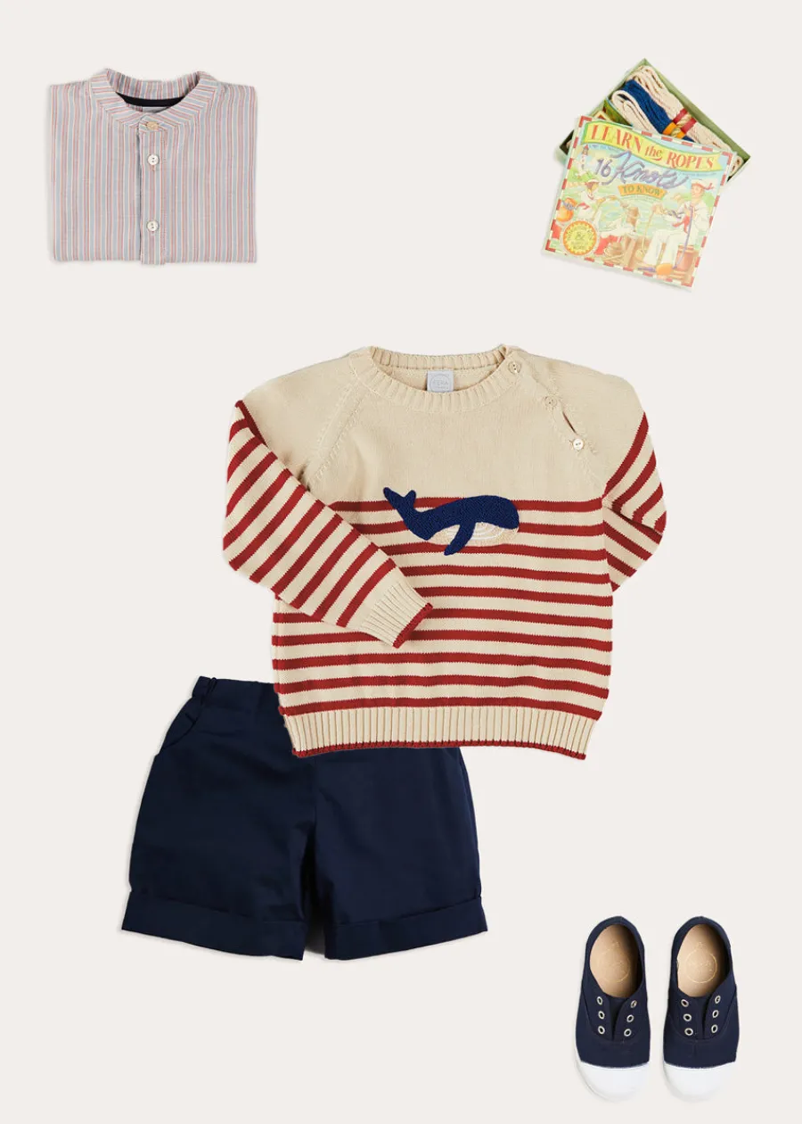 BOY Pepa London Whale Intarsia Striped Jumper in Red (6mths-6yrs) | Beaufort Striped Mao Collar Long Sleeve Shirt in Blue (18mths-10yrs) | Classic Turn-up Hem Cotton Shorts in Navy (12mths-4yrs) | Canvas Plimsolls in Navy (20-35EU)