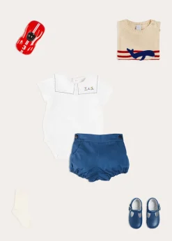 BOY Pepa London Whale Intarsia Striped Jumper in Red (6mths-6yrs) | Boat Embroidery Statement Collar Short Sleeve Bodysuit in White (3mths-2yrs) | Plain Button Detail Bloomers in Blue (3mths-3yrs) | T-Bar Baby Shoes in Blue (20-26EU) | Ribbed Short Socks in Beige (0mths-10yrs) | Model Toy Car in Red