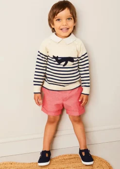 BOY Pepa London Whale Intarsia Striped Jumper in Blue (6mths-10yrs) | Waterford Striped Polo Collar Short Sleeve Top in Beige (12mths-4yrs) | Plain Linen Toddler Shorts in Red (12mths-4yrs) | Woven T-Bar Baby Shoes in Navy (20-26EU)