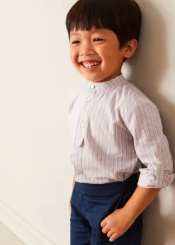 BOY Pepa London Whale Intarsia Striped Jumper in Red (6mths-6yrs) | Beaufort Striped Mao Collar Long Sleeve Shirt in Blue (18mths-10yrs) | Classic Turn-up Hem Cotton Shorts in Navy (12mths-4yrs) | Canvas Plimsolls in Navy (20-35EU)