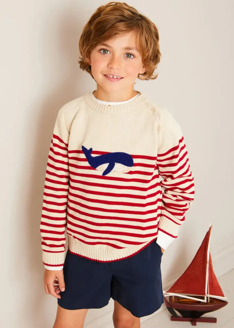 BOY Pepa London Whale Intarsia Striped Jumper in Red (6mths-6yrs)