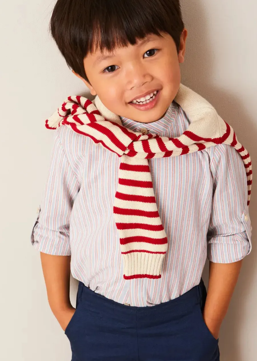 BOY Pepa London Whale Intarsia Striped Jumper in Red (6mths-6yrs) | Beaufort Striped Mao Collar Long Sleeve Shirt in Blue (18mths-10yrs) | Classic Turn-up Hem Cotton Shorts in Navy (12mths-4yrs) | Canvas Plimsolls in Navy (20-35EU)