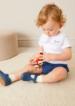 BOY Pepa London Whale Intarsia Striped Jumper in Red (6mths-6yrs) | Boat Embroidery Statement Collar Short Sleeve Bodysuit in White (3mths-2yrs) | Plain Button Detail Bloomers in Blue (3mths-3yrs) | T-Bar Baby Shoes in Blue (20-26EU) | Ribbed Short Socks in Beige (0mths-10yrs) | Model Toy Car in Red