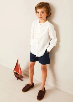 BOY Pepa London Whale Intarsia Striped Jumper in Red (6mths-6yrs) | Linen Mao Collar Long Sleeve Shirt in White (12mths-10yrs) | Classic Smart Shorts in Navy (4-10yrs) | Leather Boat Shoes in Tan (26-34EU) | Navy Belt