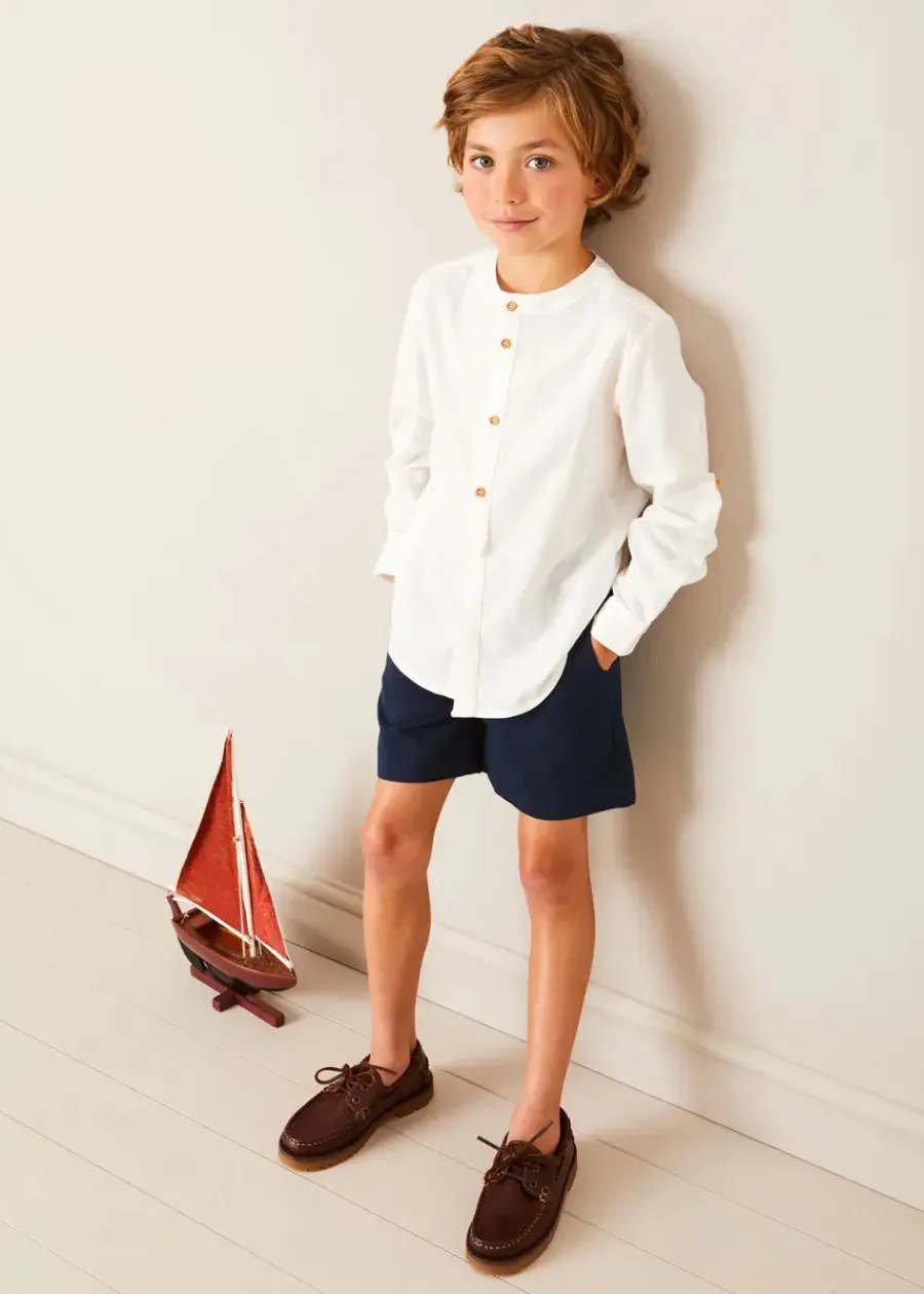 BOY Pepa London Whale Intarsia Striped Jumper in Red (6mths-6yrs) | Linen Mao Collar Long Sleeve Shirt in White (12mths-10yrs) | Classic Smart Shorts in Navy (4-10yrs) | Leather Boat Shoes in Tan (26-34EU) | Navy Belt