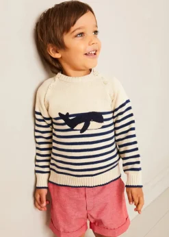 BOY Pepa London Whale Intarsia Striped Jumper in Blue (6mths-10yrs) | Waterford Striped Polo Collar Short Sleeve Top in Beige (12mths-4yrs) | Plain Linen Toddler Shorts in Red (12mths-4yrs) | Woven T-Bar Baby Shoes in Navy (20-26EU)
